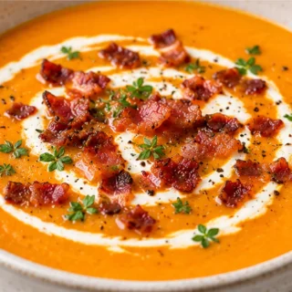 Creamy Carrot Soup with Bacon and Cream - Creamy carrot soup: Make this comforting and easy soup in under 30 minutes. A velvety smooth texture with a hint of ba