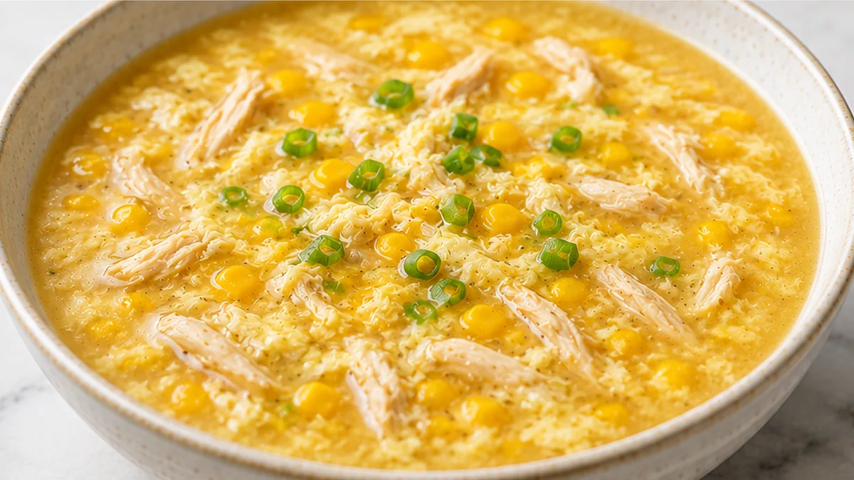Golden Chicken & Corn Soup - chicken corn soup - Chicken corn soup: Make this comforting Chinese-style soup in under 20 minutes. Easy recipe with tender chicken