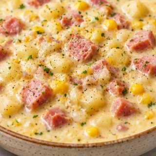 Creamy Ham & Corn Chowder: Instant Comfort Food - ham chowder - Ham chowder: make this hearty, creamy soup in under an hour. Packed with potatoes, corn, and sav