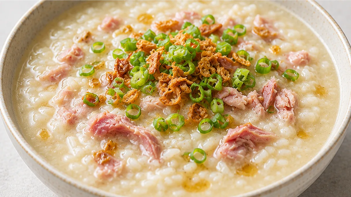 Ultimate Ham Bone Congee: Soul-Soothing Comfort Food! - ham congee - Ham congee: Make this savory, soul-soothing rice soup in under 3 hours. Tender shredded ham