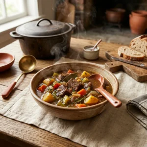 Beef Soups & Stews hub hero, a rustic bowl of beef stew with tender chuck, carrots, potatoes and a rich brown broth