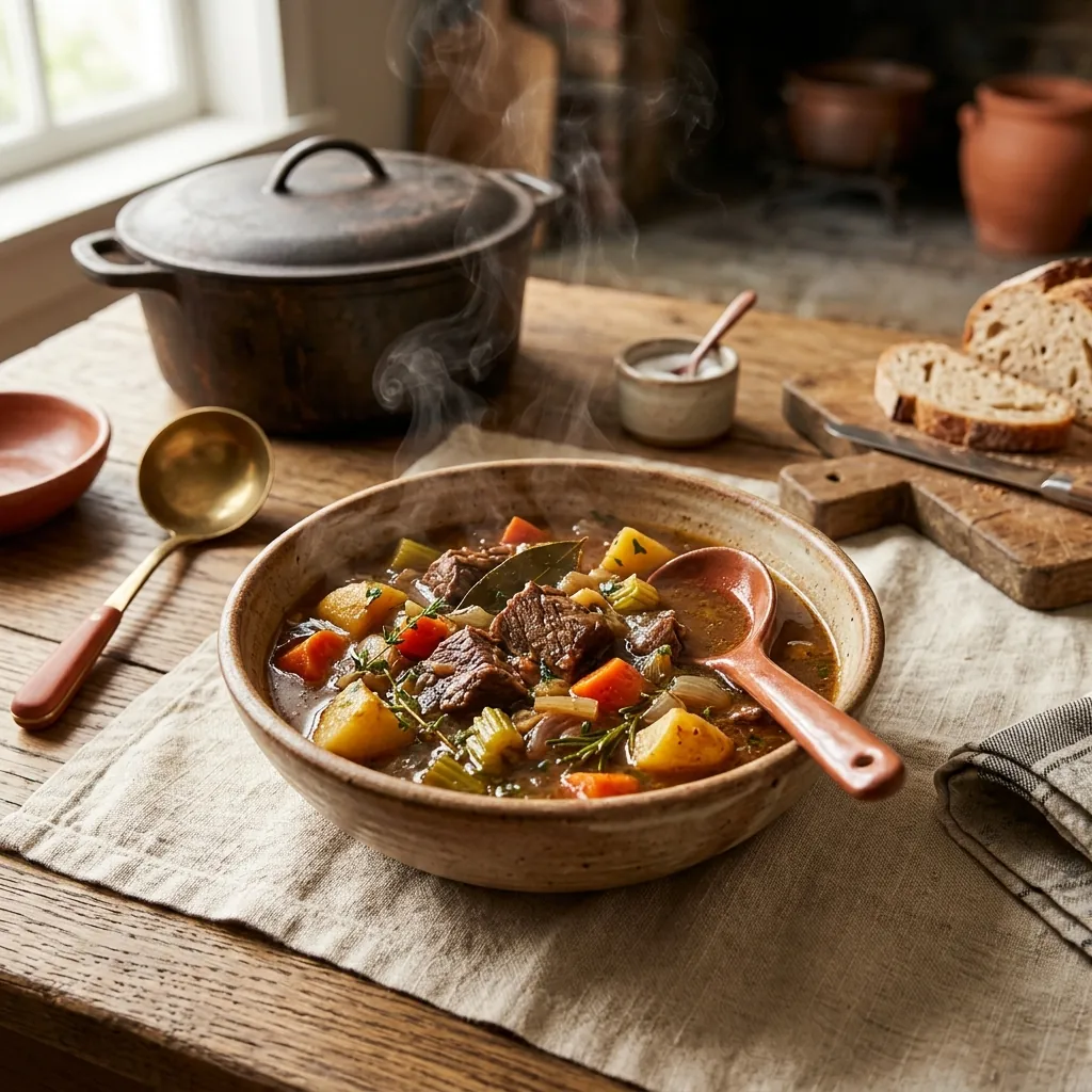 Beef Soups & Stews hub hero, a rustic bowl of beef stew with tender chuck, carrots, potatoes and a rich brown broth