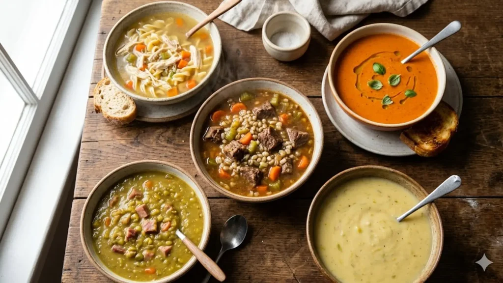 Best soups for winter, beautifully styled overhead food photograph