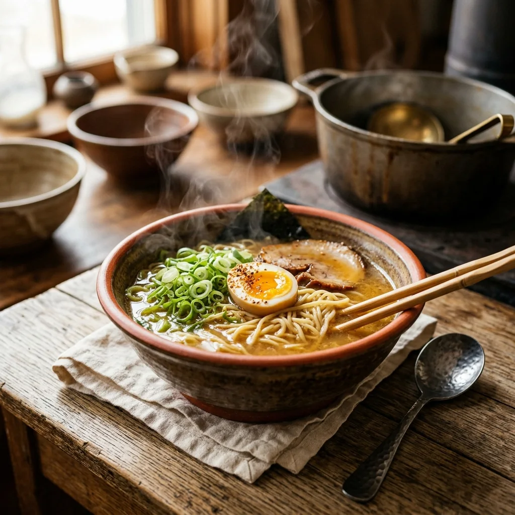 Broths & Noodle Soups hub hero, a deep bowl of ramen with a golden broth, a soft egg, scallions and noodles, steam rising