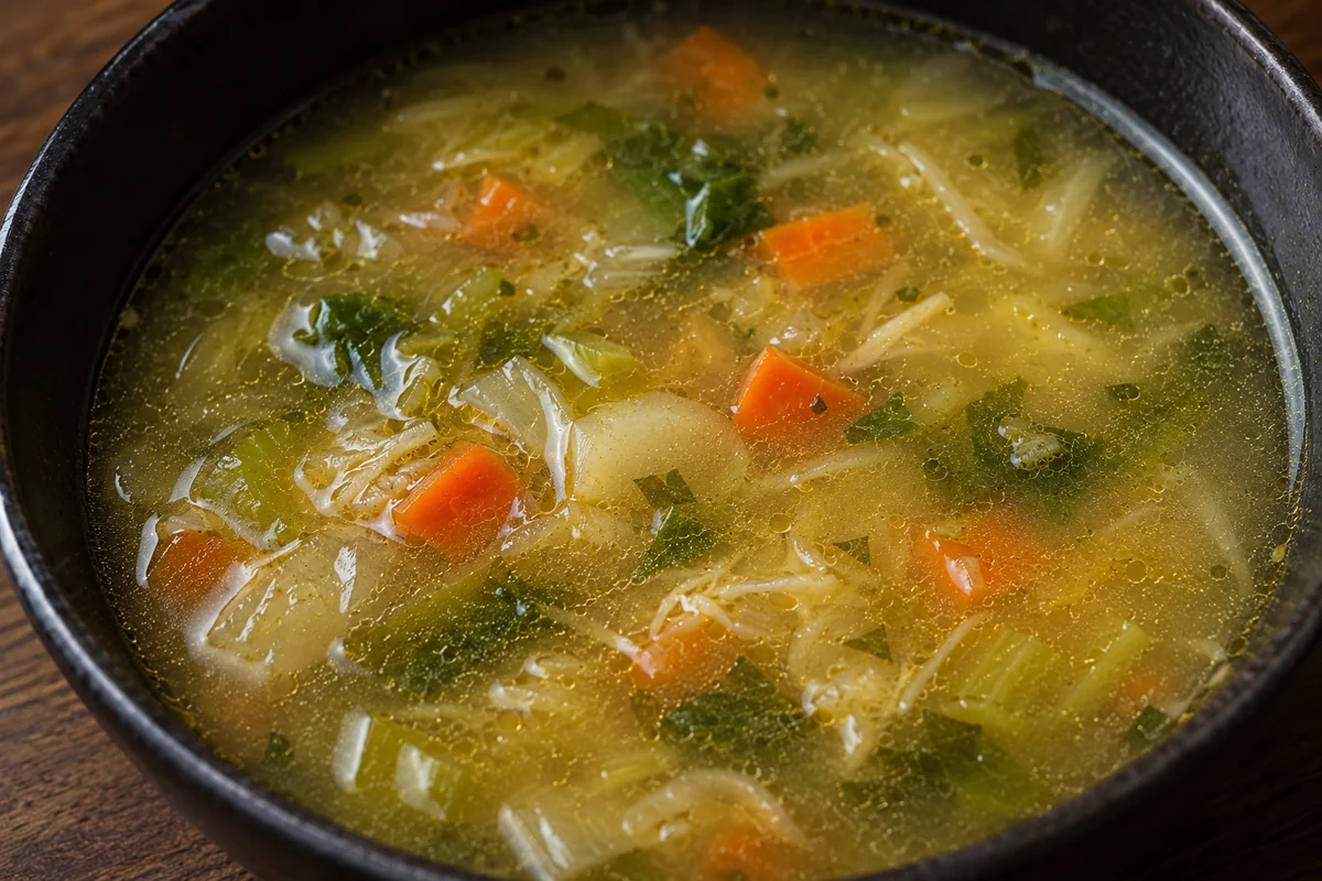 The features that actually make a soup a soup Close-up of a bowl of brothy soup with solid pieces in liquid, illustrating the loose definition behind the soup debate