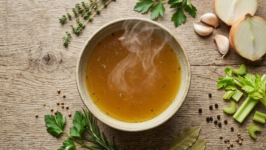 Chicken broth substitute, beautifully styled overhead food photograph