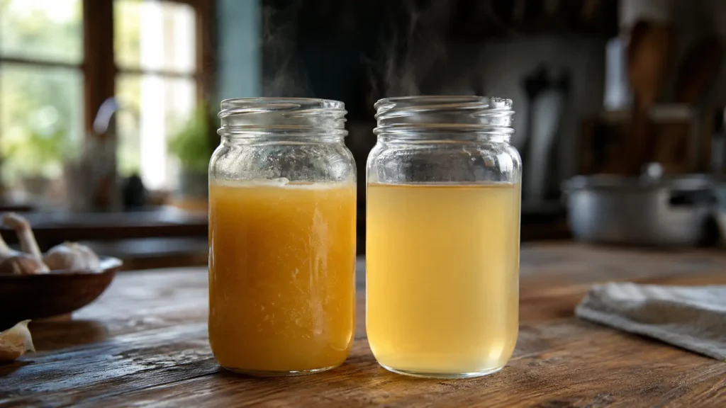 Chicken broth vs stock shown side by side, gelatinous golden stock next to lighter clear broth