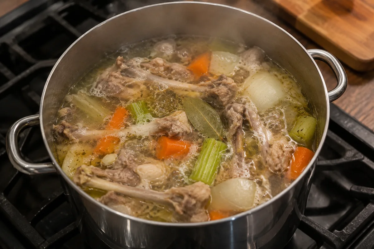 Homemade chicken stock simmering with bones and aromatics A pot of chicken bones, carrots, onion, and celery simmering to make homemade stock