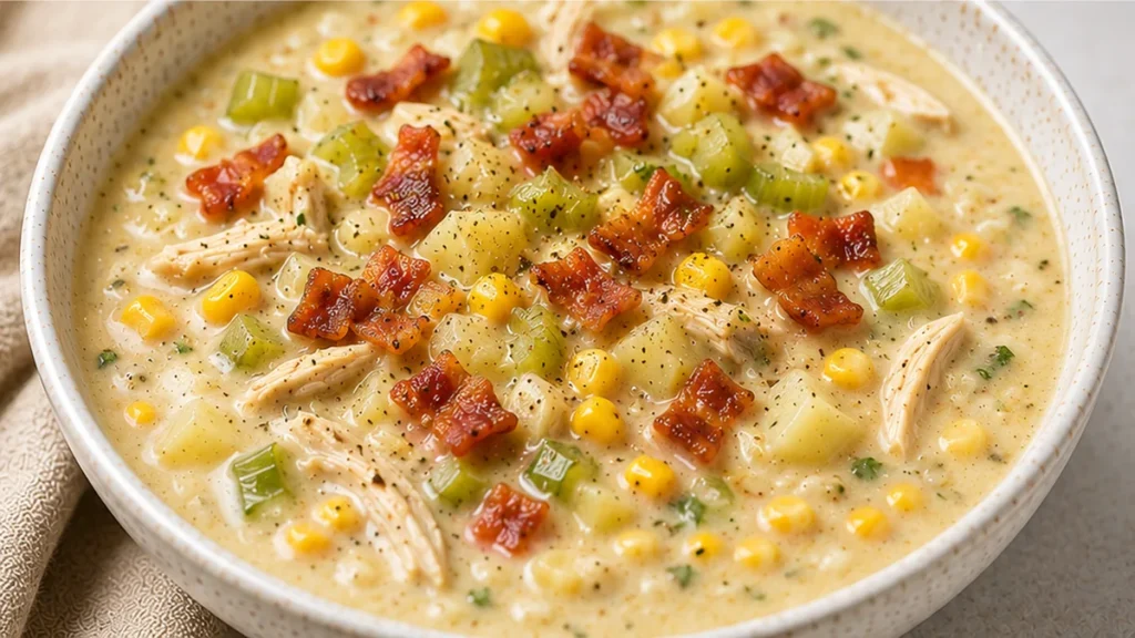  Creamy Chicken Corn Chowder: Comfort Food Delight - chicken chowder - Chicken chowder: Master this hearty and creamy recipe with bacon, corn, and potatoes. Pe