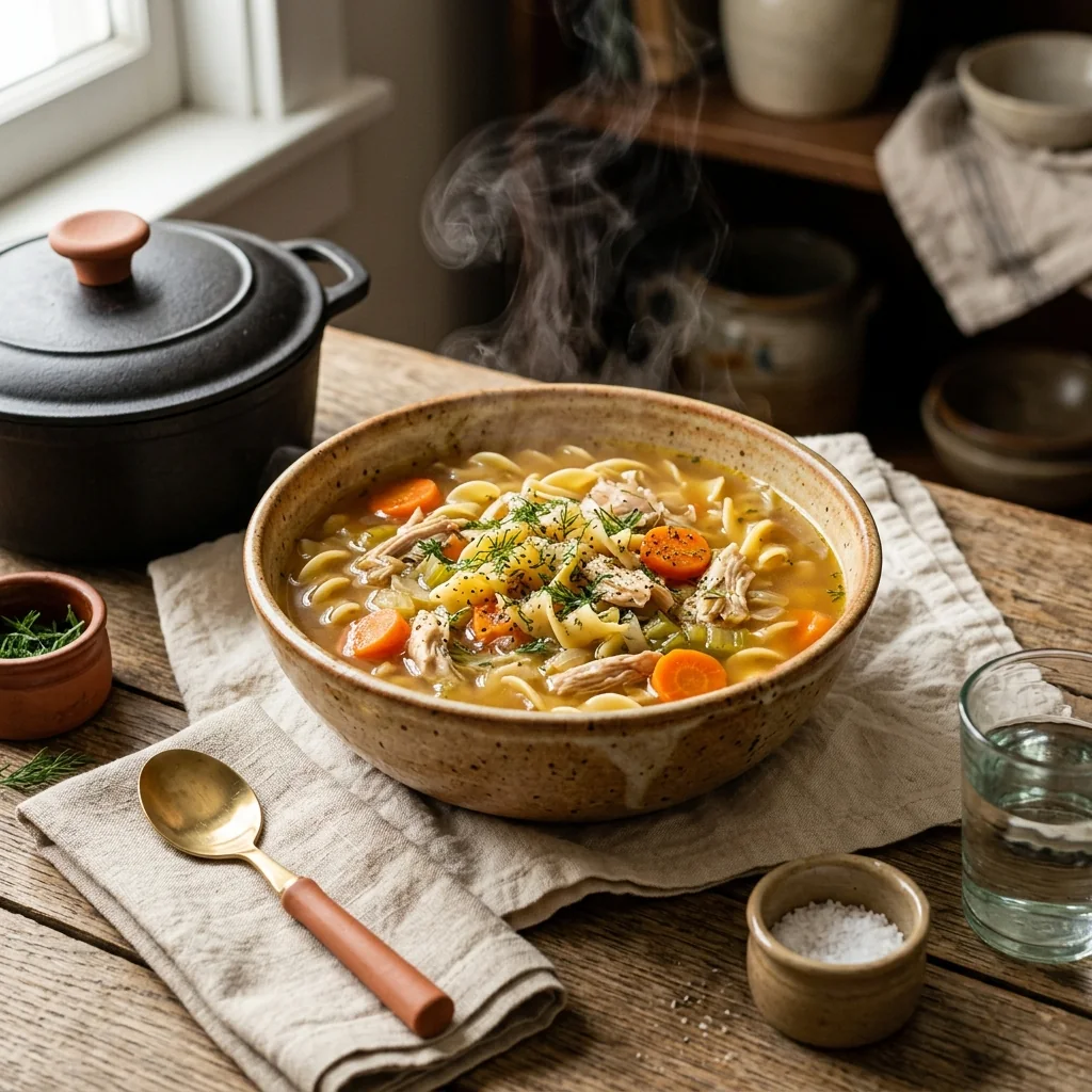 Chicken Soups hub hero, a steaming bowl of chicken noodle soup with egg noodles, shredded chicken, carrots and fresh dill