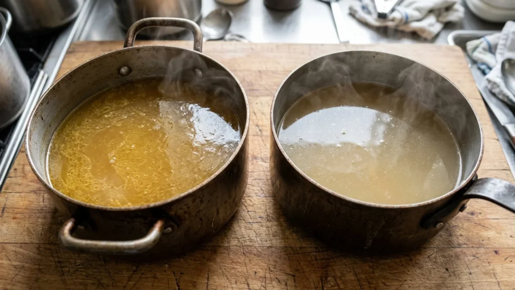 Chicken stock vs broth, beautifully styled overhead food photograph