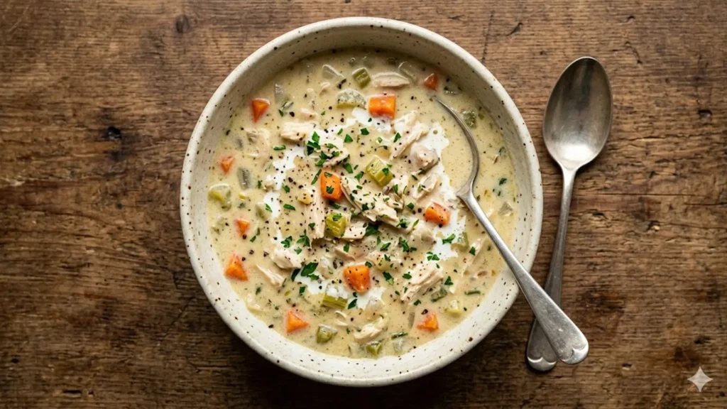 Cream of chicken soup nutritional information, beautifully styled overhead food photograph