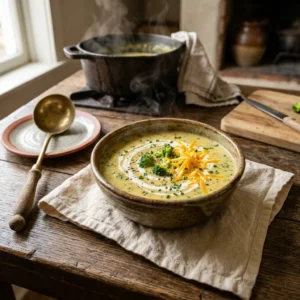 Creamy Soups & Chowders hub hero, a creamy bowl of broccoli cheddar soup with a swirl of cream and shredded cheddar