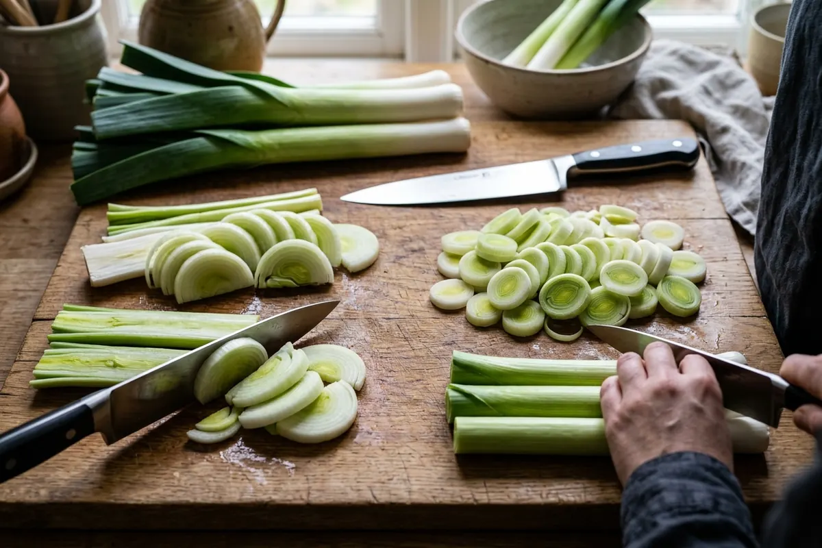 The Two Basic Cuts: Half-Moons and Coins Cut leeks for soup — The Two Basic Cuts: Half-Moons and Coins