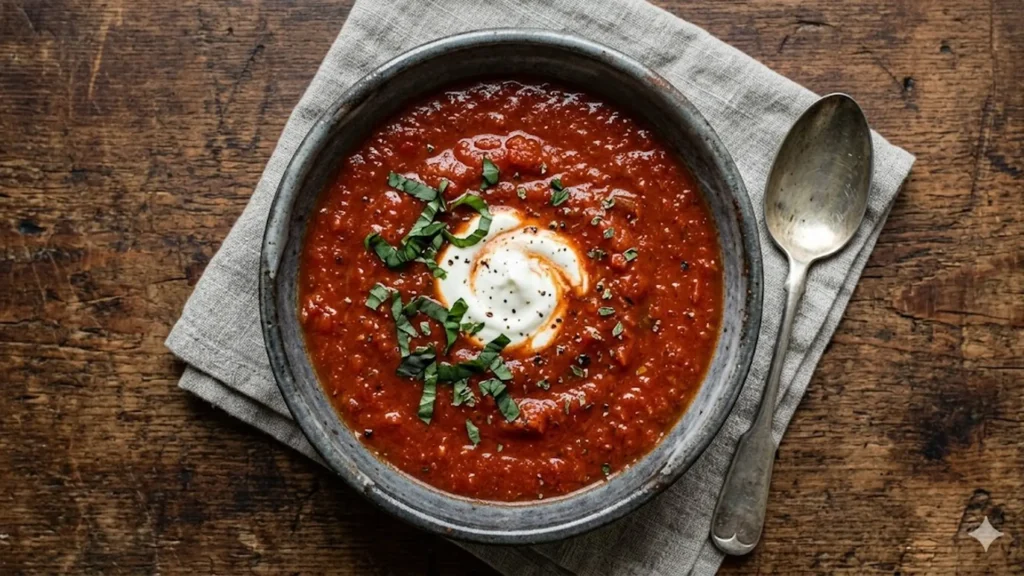 Homemade tomato soup, beautifully styled overhead food photograph