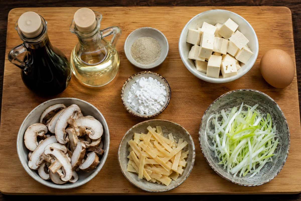 Gluten free hot and sour soup ingredients laid out Gluten free tamari, rice vinegar, cornstarch, tofu, and mushrooms arranged for hot and sour soup