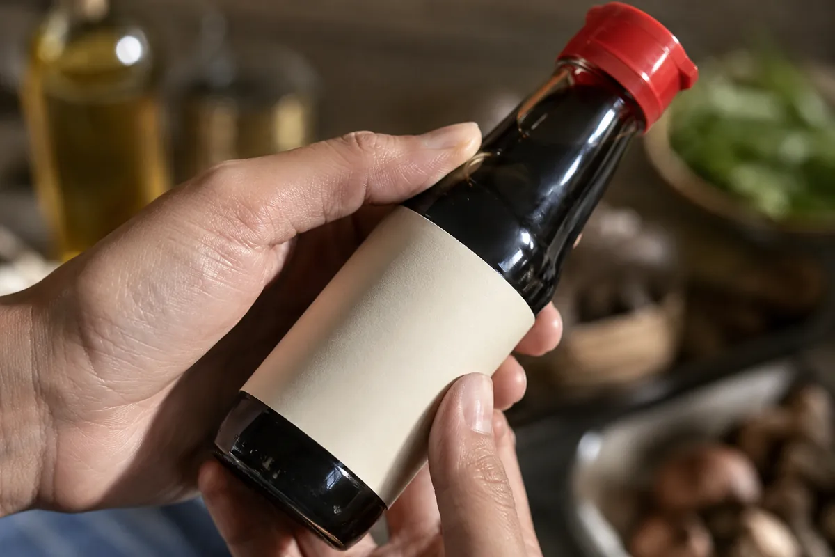Reading a soy sauce label for gluten A hand checking a soy sauce bottle label to confirm it is gluten free