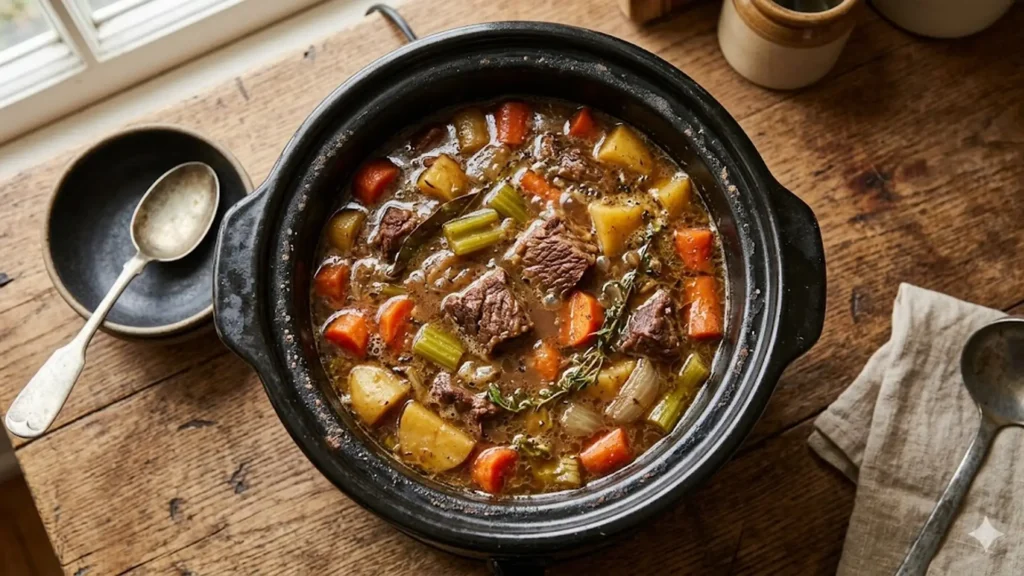Making beef stew in crock pot, beautifully styled overhead food photograph