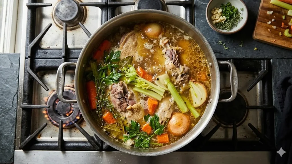 Making chicken broth, beautifully styled overhead food photograph