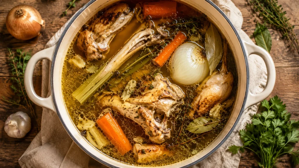 Overhead of a pot of golden chicken stock with bones, carrots, onion and herbs, the makings of homemade chicken stock