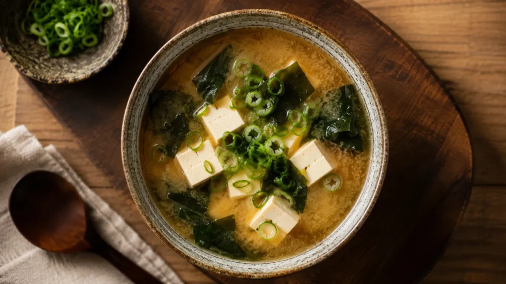 Overhead of a bowl of miso soup with tofu, wakame and scallions in golden dashi, the authentic way to make miso soup