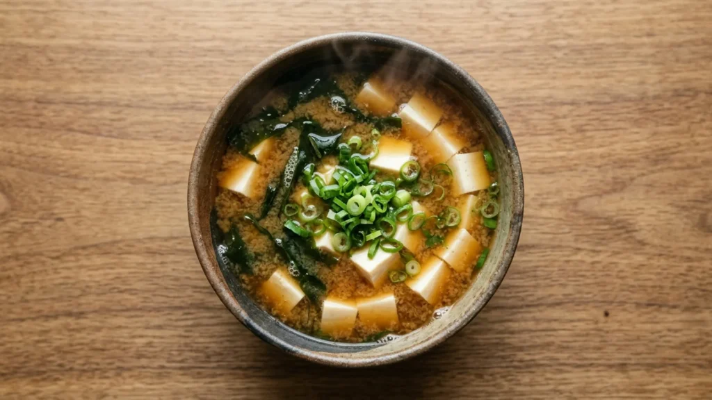 Making miso soup with miso paste, beautifully styled overhead food photograph