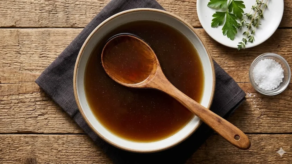 Beef broth good for you, beautifully styled overhead food photograph