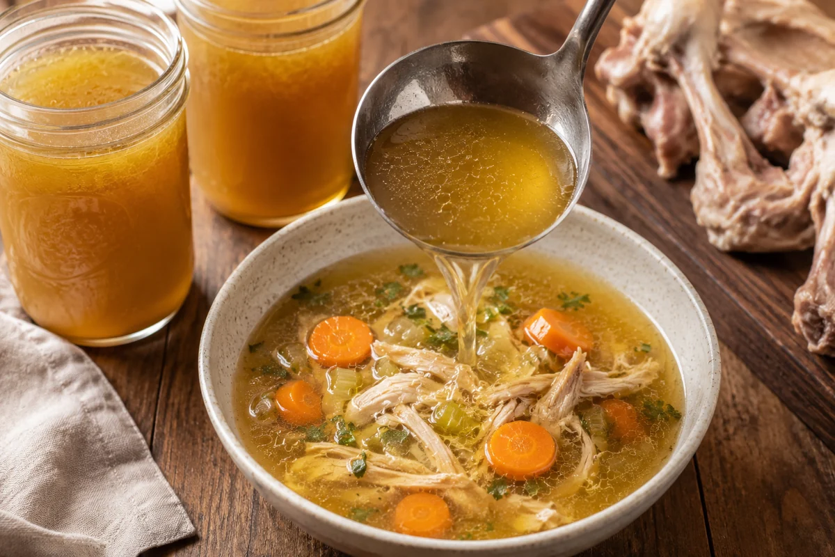 Smart ways to use a batch of chicken stock Detail of homemade chicken stock poured into a bowl of soup, with jars of cooling stock beside, ready to use
