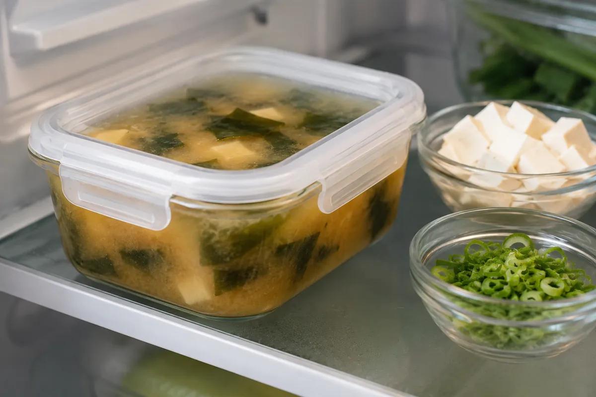 Detail of miso soup stored in a glass container in the fridge, kept separate from the tofu and scallions for later