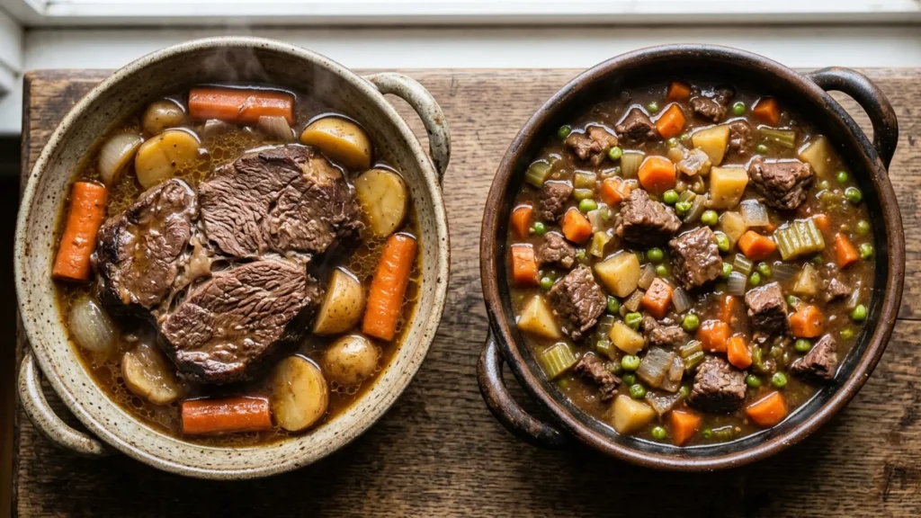 Pot roast vs beef stew, beautifully styled overhead food photograph