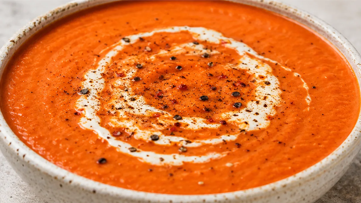 ️ Roasted Red Pepper Soup: Creamy, Smoky & Irresistible! Red pepper soup: make this incredibly smoky and creamy soup with roasted vegetables and a touch of bals