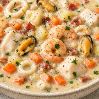 Creamy Seafood Chowder: Taste of the Ocean - Seafood chowder: Make this creamy, comforting soup in under 1 hour. Packed with fish, shrimp, and mussels, it's a t