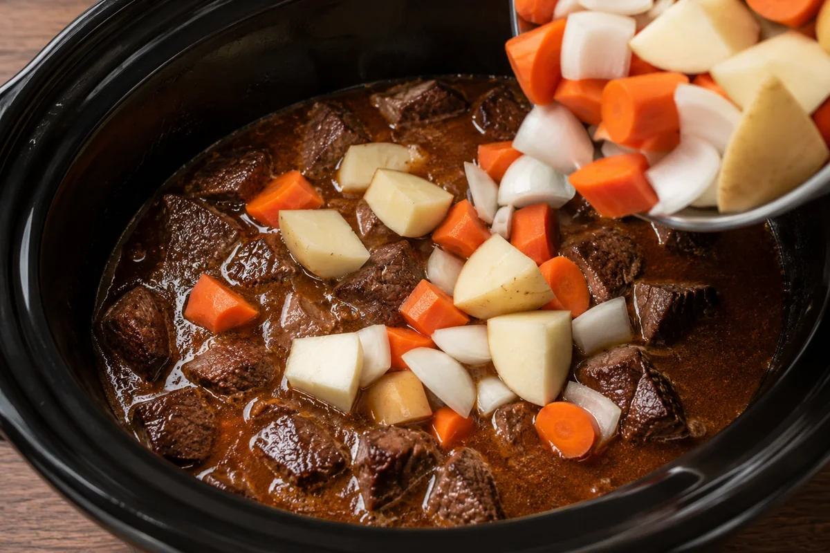 The best stew vegetables and when to add them Detail of hearty stew vegetables, carrots, potatoes and onion, going into a slow cooker of beef stew