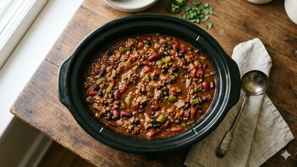 Slow cooker chili, beautifully styled overhead food photograph