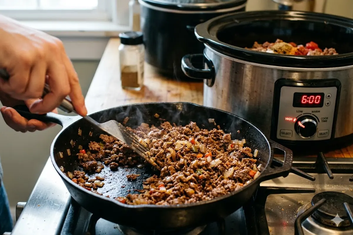 Brown the meat first, and hit the number Slow cooker chili — Brown the meat first, and hit the number