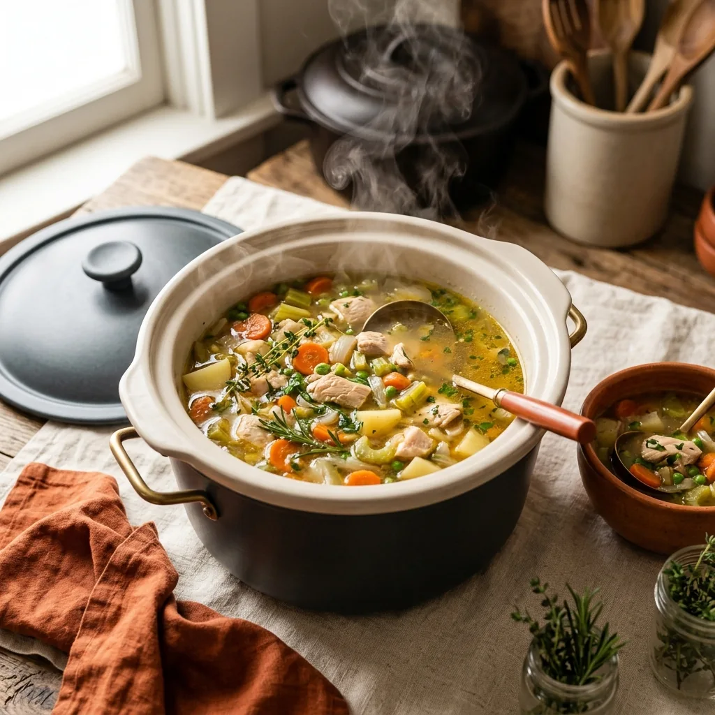 Slow Cooker Soups hub hero, a slow cooker filled with a hearty chicken and vegetable soup, lid beside it, steam rising