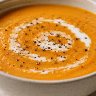 Creamy Sweet Potato Bisque: Fall Comfort! Sweet potato bisque: whip up this creamy, comforting soup with a hint of truffle oil. Perfect for a cozy fall meal or