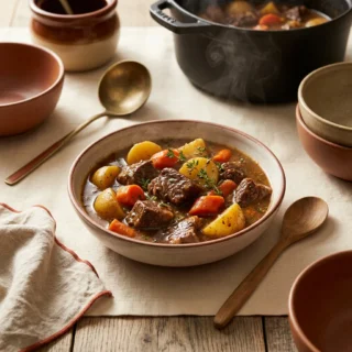 Beef Stew, a rustic bowl of beef stew with tender beef, carrots and potatoes