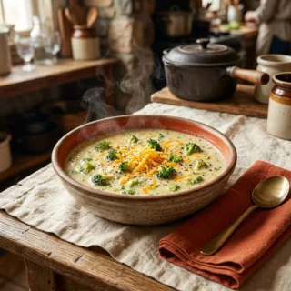 Broccoli Cheddar, a creamy bowl of broccoli cheddar soup with shredded cheddar on top