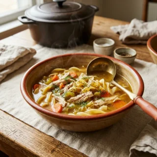 Chicken Noodle, a bowl of chicken noodle soup with egg noodles, shredded chicken and dill