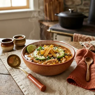 Tortilla Soup, a bowl of chicken tortilla soup with tortilla strips, avocado and lime