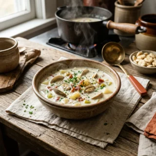 Clam Chowder, a bowl of new england clam chowder with clams, potatoes and herbs
