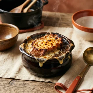 French Onion, a crock of french onion soup with a bubbling cheese-topped crouton
