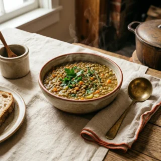 Lentil Soup, a hearty bowl of lentil soup with carrots, celery and fresh herbs