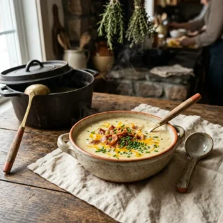 Potato Soup, a creamy bowl of potato soup topped with bacon, cheese and chives