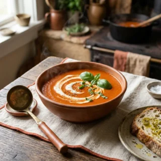 Tomato Soup, a smooth bowl of tomato soup with a swirl of cream and fresh basil