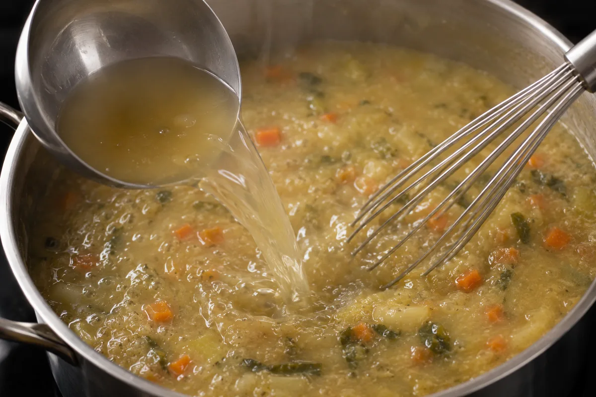 Detail of warm broth being stirred into an overly thick soup to loosen it, the fix for soup that is too thick