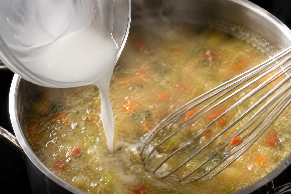 Close-up of a cornstarch slurry being whisked into a pot of simmering soup, the quickest way to thicken soup