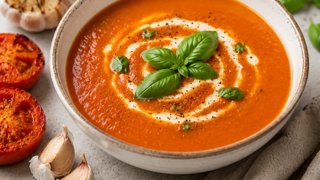 Smoky Roasted Tomato Soup: Pure Comfort! Smoky tomato soup: Bake this intensely flavorful soup in under an hour. Roasted tomatoes and garlic create a rich, comf