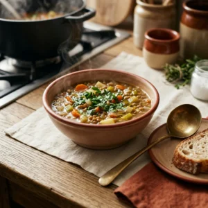 Vegetable & Bean Soups hub hero, a hearty bowl of lentil and vegetable soup with carrots, celery and fresh herbs